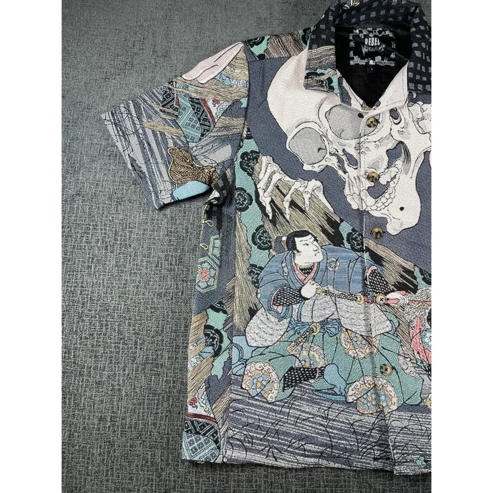 Rebel Vengeance Mens Samurai Skull Tapestry Shirt Short Sleeve Graphic Large